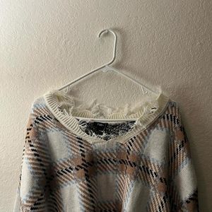 Rue 21 "Distressed Taupe Plaid" V-Neck Sweater